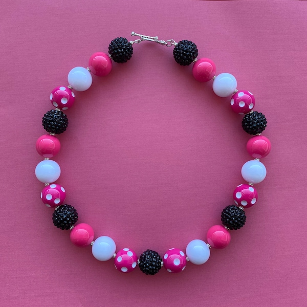 Sassy Pink Minnie Mouse Inspired Hot Pink, White, and Black Polka Dot Chunky Necklace