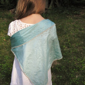 Vintage Silk Scarf Wrap: Turquoise Teal Hand Crocheted Edges