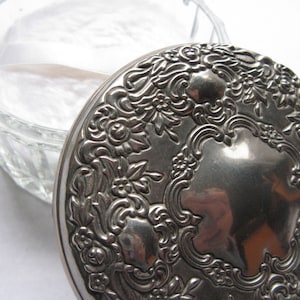 Art Nouveau Silver Plated Vanity Dresser Powder Trinket Jar Mirror Display Hollywood Regency Ornate Matson Style