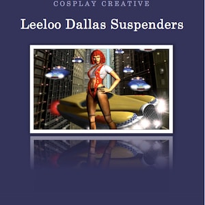 May include: A woman with a red wig and a yellow and black jumpsuit with suspenders stands in front of a yellow flying car. She is wearing red lipstick and has a serious expression on her face. The background is a futuristic city with flying cars.