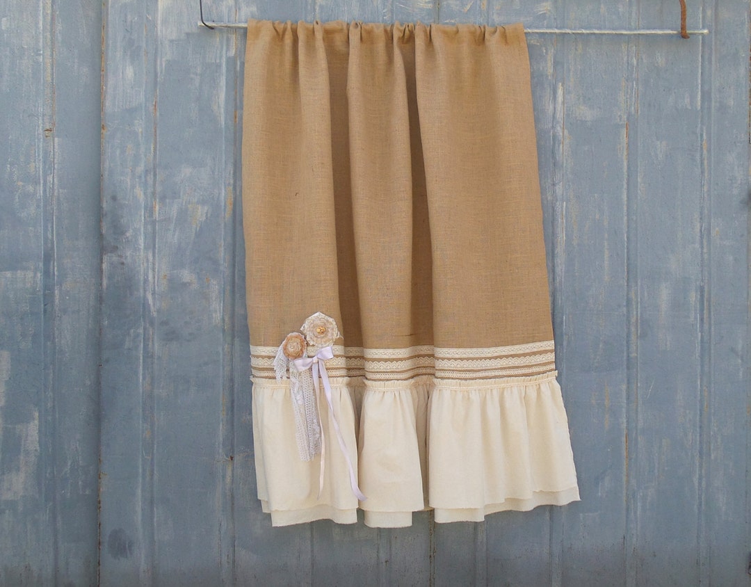 Rustic Chic Shower Curtain Burlap Ruffled Curtain Bathroom Etsy