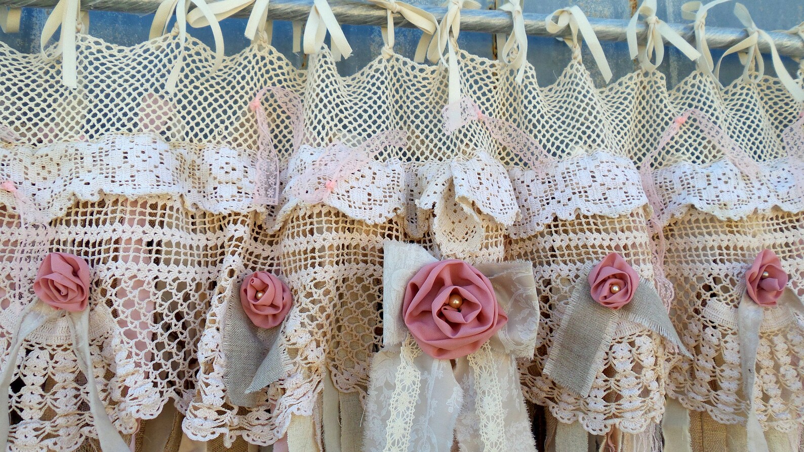 Shabby Boho Chic Blush Pink Valance Lace Garland Curtain Rag Etsy