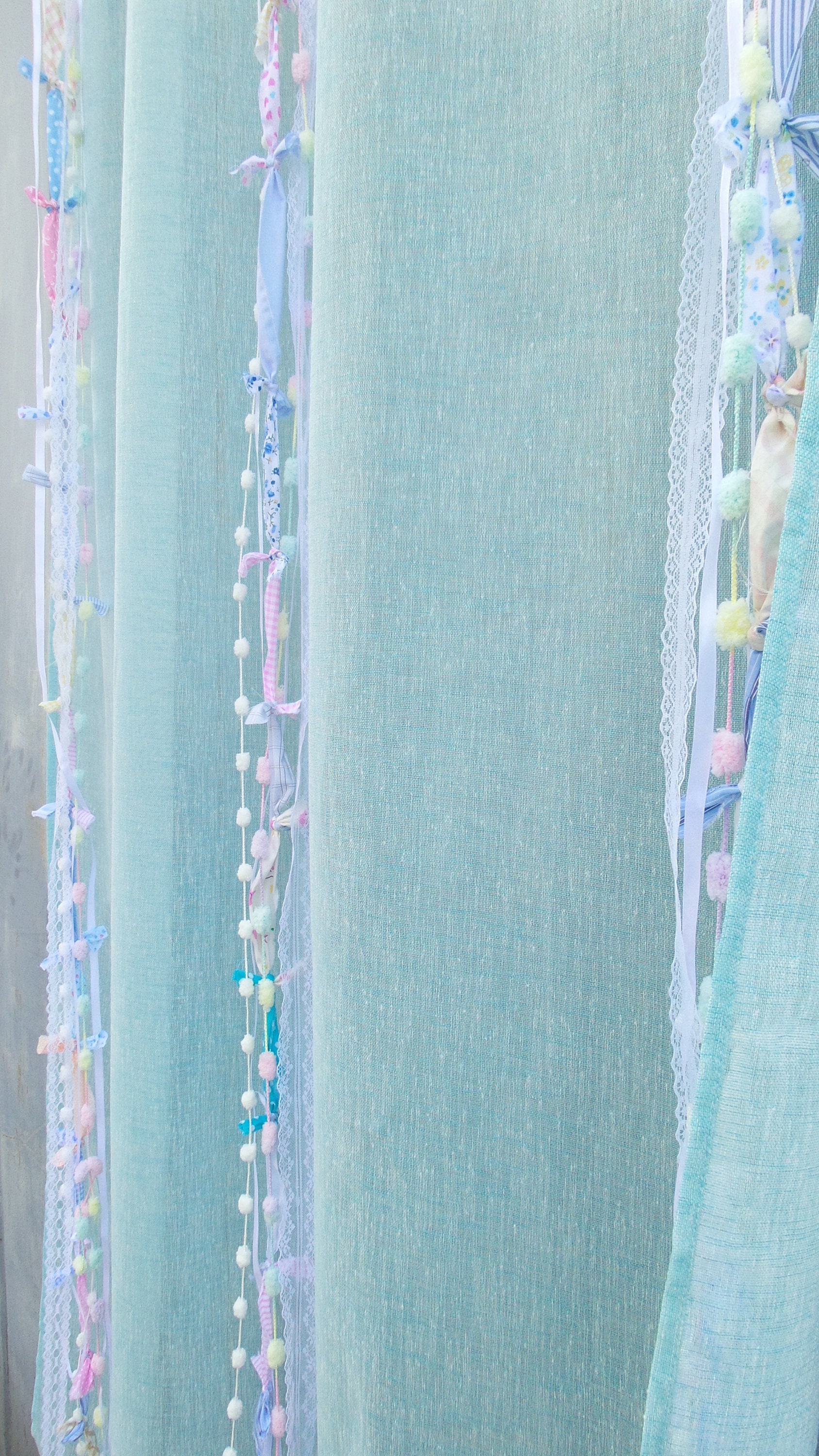 Light Blue Pom Poms Curtain Nursery Curtains Beach House Etsy
