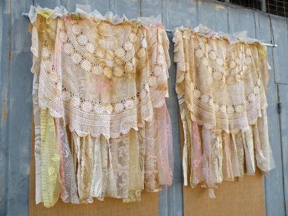 Vintage Lace Curtain Drapes Burlap Panel Fabric Shower Curtain Etsy