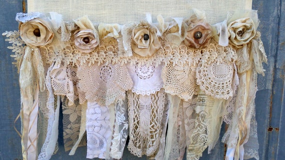 Ivory Burlap Curtain With Vintage Lace Doilies Burlap Lace Etsy