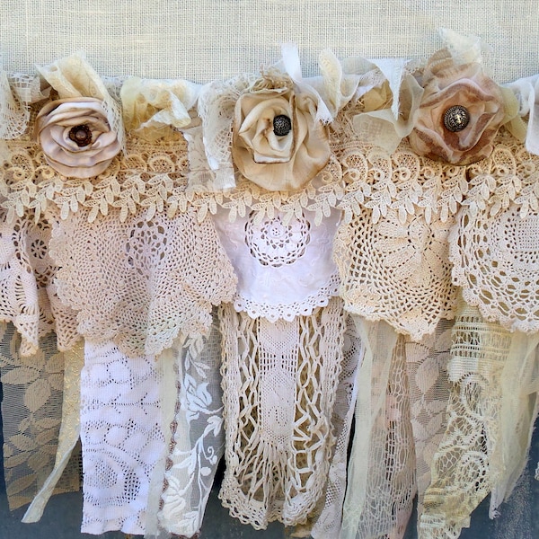 Ivory Burlap Curtain with vintage lace doilies Burlap Lace Shabby chic valance French country farmhouse cottage curtains window door curtain