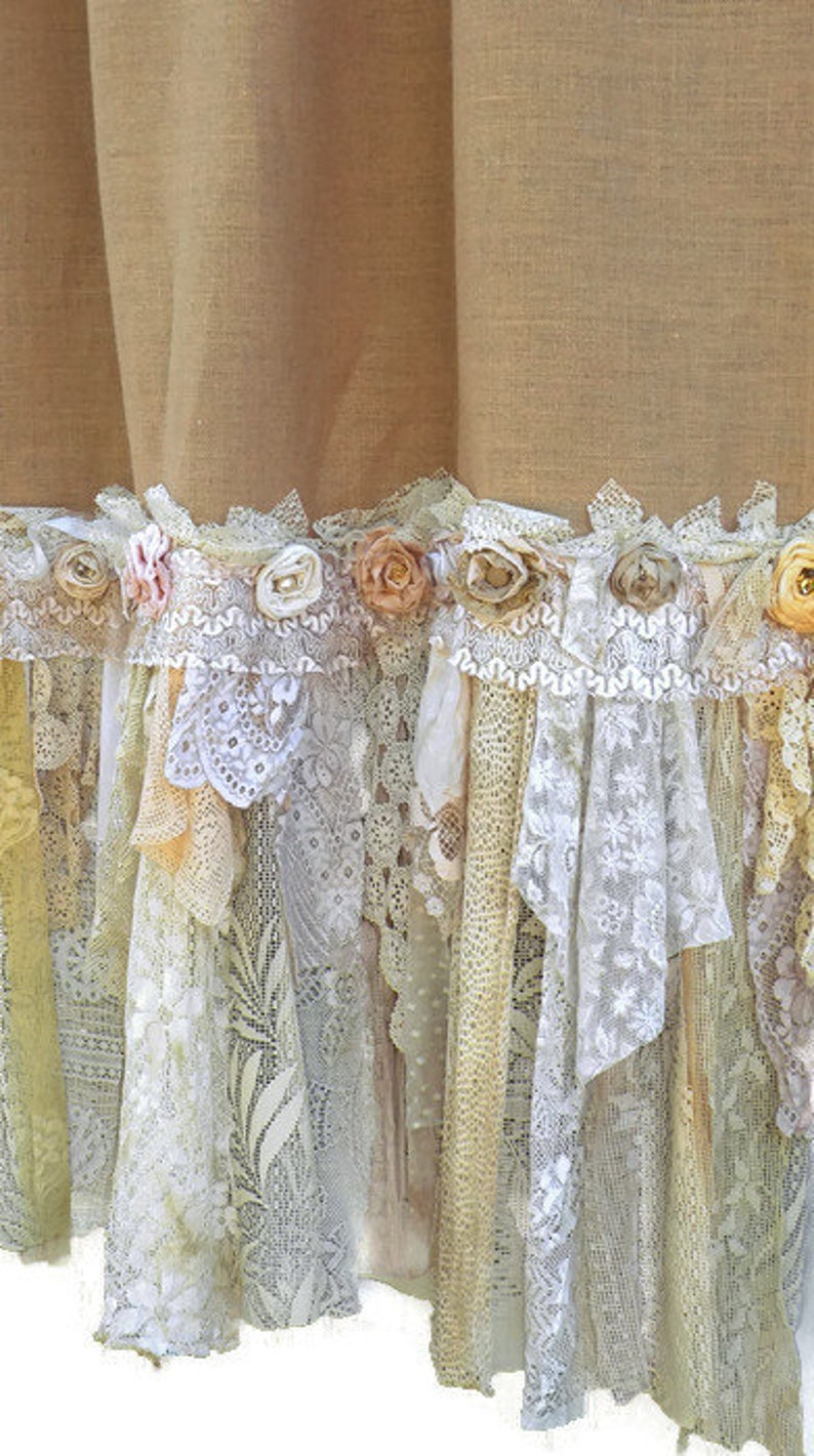 Burlap Vintage Lace Curtains Ds Panel Boho Made To Order And Shabby Chic Curtain Gypsy Shower French Country Rustic