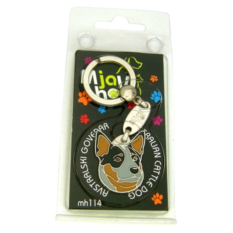 May include: Keyring featuring an Australian Cattle Dog design. The keyring has a black background with colorful paw prints and the text "AUSTRALIAN CATTLE DOG". The keyring is packaged in a clear plastic holder.