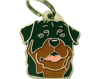 May include: A silver metal dog tag with a black and brown Rottweiler head design. The dog's tongue is pink and the eyes are black.