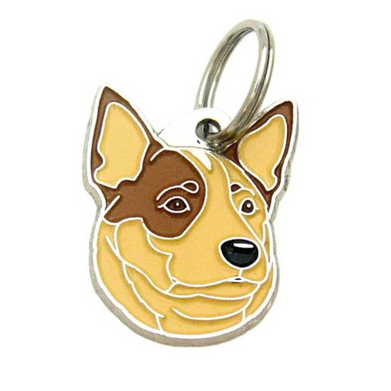 May include: A dog tag featuring a stylized illustration of a dog's head. The tag has a silver-colored border and a design with shades of brown, tan, and black. A silver ring is attached at the top.