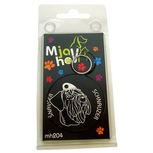 May include: Black and white dog breed tag with the text "Schnauzer" and "Mjawhow" on a black and white background. The tag is attached to a silver key ring.