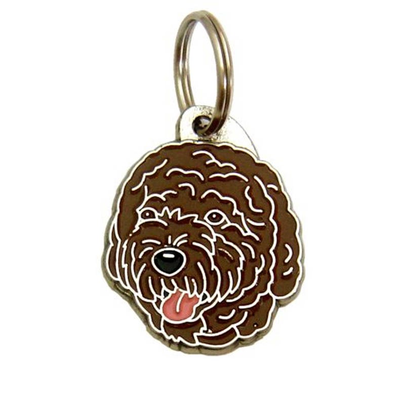 Może przedstawiać: Brązowo-biała zawieszka dla psa Labradoodle. Zawieszka przedstawia szczeg&oacute;łową ilustrację pyska psa, z r&oacute;żowym językiem, czarnymi oczami i srebrnym metalowym k&oacute;łkiem do mocowania. Sierść psa jest przedstawiona w kręconym wzorze.