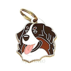 Könnte beinhalten: Ein Hundemarke mit einer Cartoon-Illustration des Gesichts eines Berner Sennenhundes. Die Marke hat einen goldfarbenen Ring und ein weißes, braunes und schwarzes Design mit einer rosa Zunge.