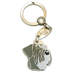 May include: Silver key chain with a grey and white Schnauzer dog charm. The charm has the text "Miaw How" on the back.
