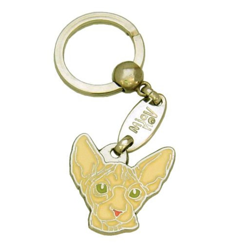 May include: A silver key chain with a small, round, silver charm that says "Miauv" on it. The charm is attached to a silver, cartoon image of a hairless cat with green eyes and a pink nose.