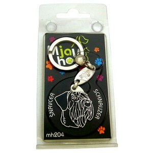 May include: Black and white silhouette of a Schnauzer dog on a black keychain with a silver key ring. The keychain has the text "Mjaw" and "Schnauzer" on it. The keychain is packaged in a clear plastic bag.
