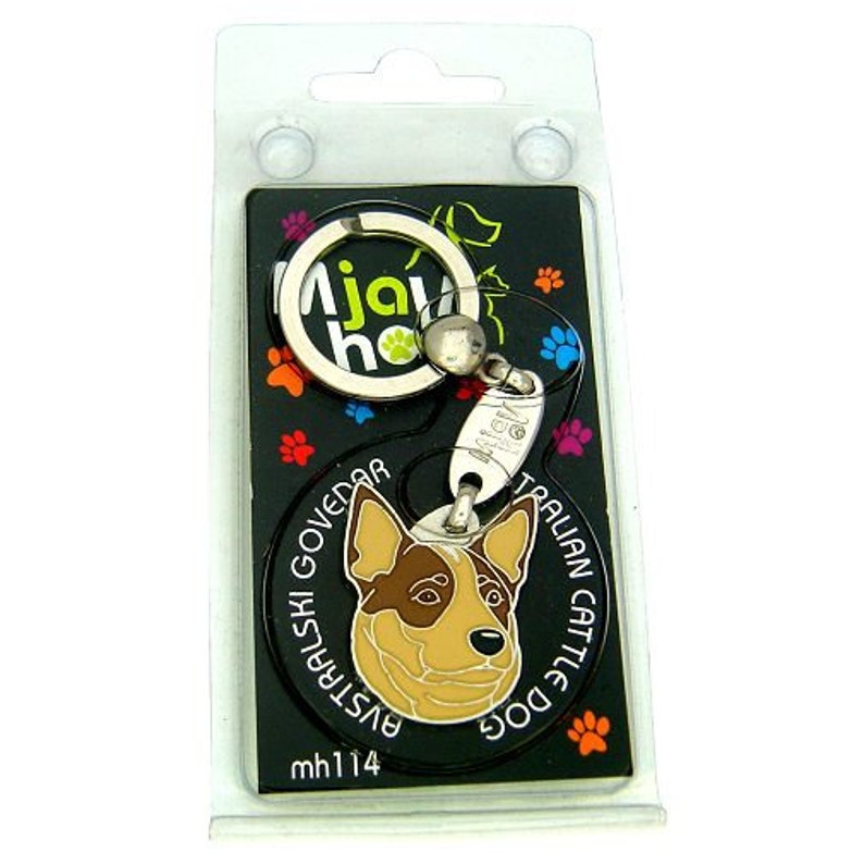 May include: A keychain featuring an Australian Cattle Dog design. The black background has colorful paw prints and a circular pendant with the dog's face. The keychain includes a silver key ring and a tag that reads "Ajay Home".