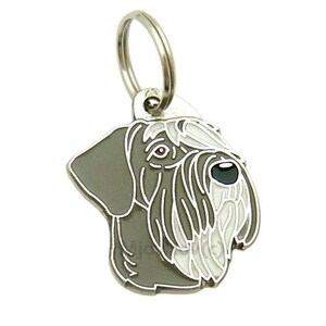 May include: Silver dog tag with a grey and white Schnauzer head, with a silver ring attached.