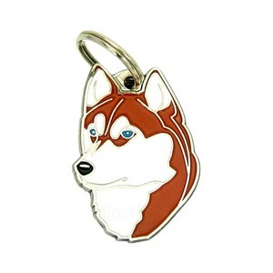 May include: A metal pet tag in the shape of a Husky dog's head. The tag features a red-brown and white design with blue eyes and a silver-colored ring for attachment. The tag is a pet accessory.