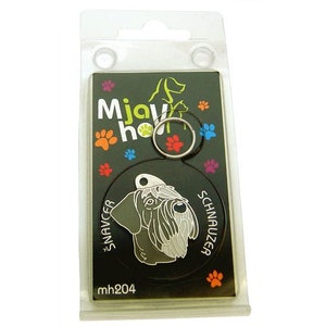 May include: A black and silver dog tag with a black and white image of a Schnauzer dog. The tag is round and has the text "Schnauzer" and "Mjawhoff" on it. The tag is on a white background.