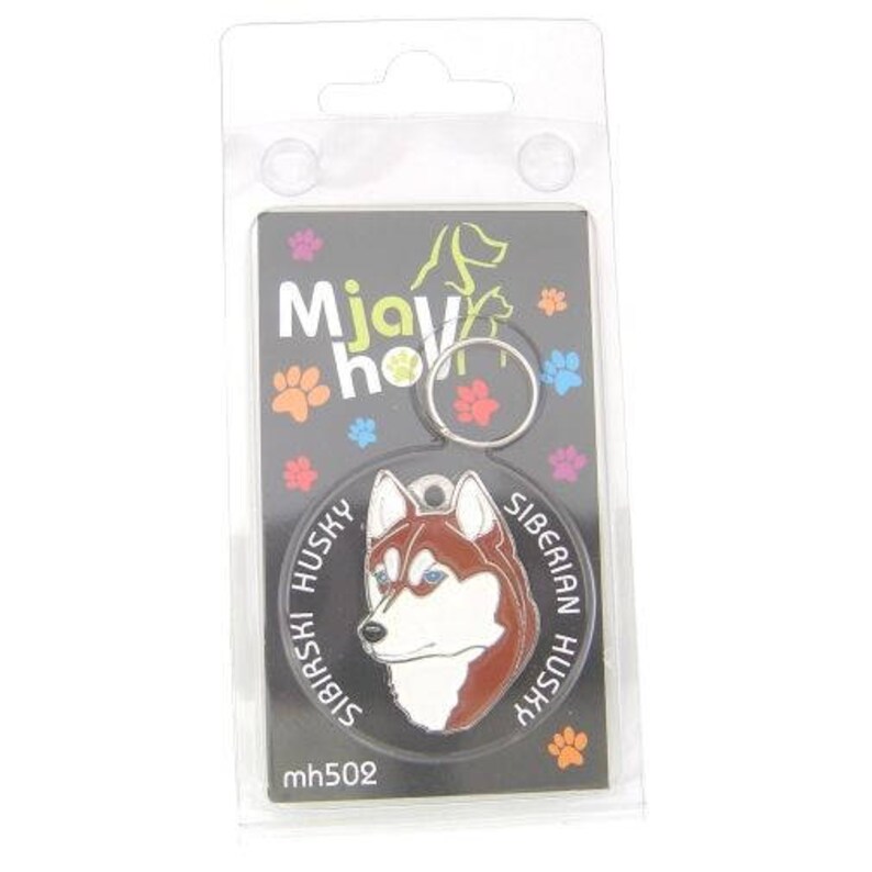 May include: A pet tag featuring a Siberian Husky design. The tag is black with a circular design that includes the words "Siberian Husky" and a detailed image of a husky's face. The tag is attached to a silver ring.
