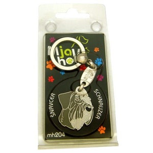 May include: A silver key chain with a black and white miniature Schnauzer dog charm. The charm is attached to a silver ring with the word "Schnauzer" on it. The keychain is packaged on a black and white card with the words "Mjawho" and "mh204".