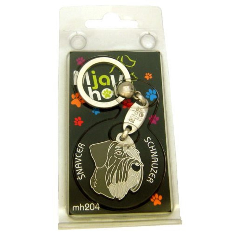 May include: A silver key chain with a black and white miniature Schnauzer dog charm. The charm is attached to a silver ring with the word "Schnauzer" on it. The keychain is packaged on a black and white card with the words "Mjawho" and "mh204".