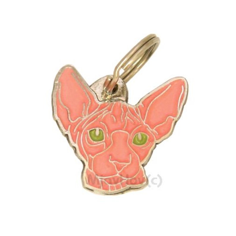 May include: A pink and gold metal cat charm with a Sphynx cat design. The cat has green eyes and a pink nose.