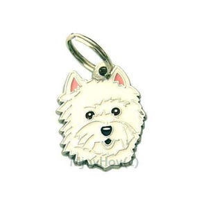 Puede incluir: Un llavero de metal plateado con un perro West Highland White Terrier blanco con orejas rosas. La cara del perro está representada en un estilo de dibujos animados con ojos negros y una nariz negra.