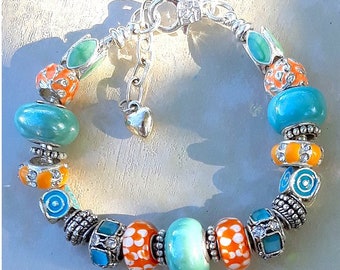 Aqua Blue Glass Bead Charm Bracelet Quality Murano Glass Beads Aqua and Orange Bracelet Aqua and Diamond Crystal Charms CBR2128