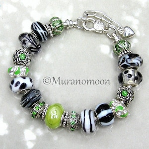 Charm Bracelet For Women Green Black White Glass Beaded European Pandora Style Bracelet Adjustable Silver Snake Chain #EB1379