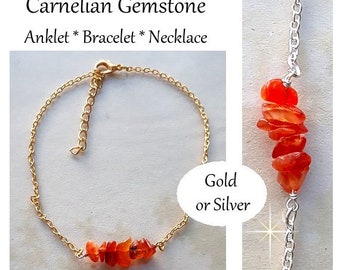 Carnelian Gemstone Anklet For Women Carnelian Crystal Ankle Bracelet Adjustable Silver Gold Chain Crystal Gemstone Ankle Bracelet