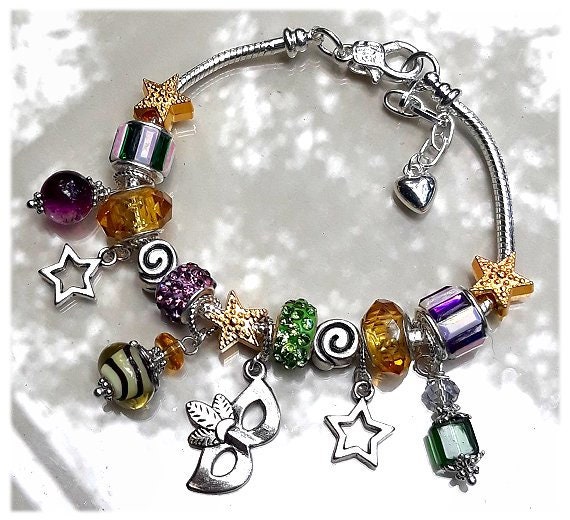 Mardi Gras Charm Bracelet Purple Green Gold Crystal Masquerade Bracelet Jewelry Gift #CBR2072