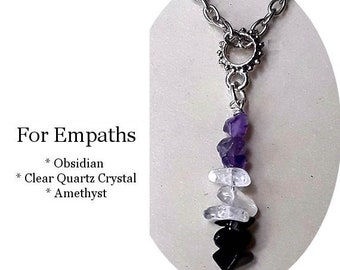 Empath Crystal Healing Gemstone Necklace Amethyst Obsidian Clear Quartz Crystal Necklace