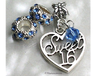 Dije de pulsera de 16 años con piedra de nacimiento personalizable, colgante de cristal, compatible con pulseras y collares estilo Pandora europeo #DC1077