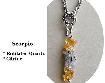 SCORPIO Necklace Scorpio Zodiac Crystal Healing Protection Necklace Citrine Rutilated Quartz Crystal Gemstone