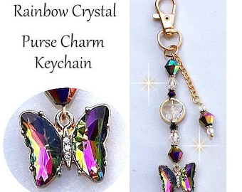 Butterfly Purse Charm Handbag Accessories Rainbow Crystal Butterfly Green Purple Blue Glass Bling Gold Purse Charm Butterfly Keychain K-2095