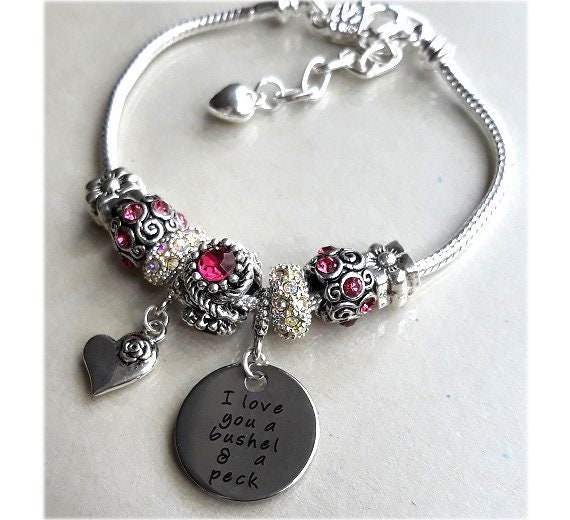 Charm Bracelet I Love You A Bushel and a Peck European Pandora Style Pink  Crystal Dangle Bracelet Gift For Little Girl Teen Women CBR2091