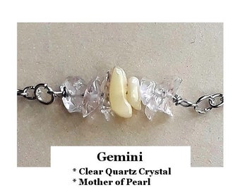 GEMINI Bracelet Anklet Necklace Zodiac Gemini Necklace Mother of Pearl Clear Quartz Crystal Gemstone