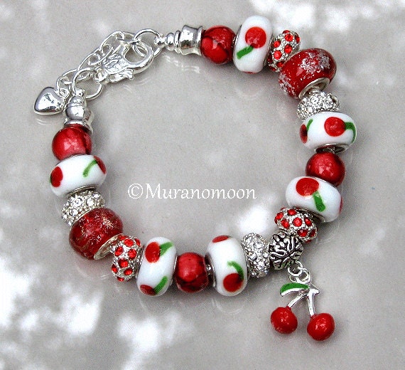 Beaded Bracelet Cherry Charm Bracelet Red White Glass Bead Ruby