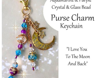 Purse Charm Aquamarine Purple Crystal Glass Beaded Bag Charm Gold Stars I Love You Bling Handbag Purse Clip On Keychain Gift K2074