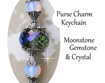 Purse Charm Handbag Accessories Moonstone Gemstone Blue Rainbow Crystal Purse Charm Beaded Bling Clip On Keychain Gift For K-2047