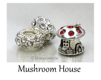 Mushroom House Charm Large Hole Crystal Mushroom House Fits European Charm Bracelets CB229