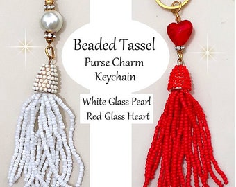 Beaded Tassel Purse Charm Handbag Accessories White Glass Pearl Red Glass Heart Beaded Purse Charm Tassel Keychain Clip On