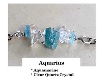 AQUARIUS Crystal Gemstone Bracelet Anklet Necklace Quartz Crystal Aquamarine Aquarius Zodiac Healing Crystal Jewelry
