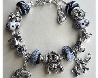 Elephant Charm Bracelet Black White Silver Elephant Bracelet Glass Beaded Bracelet Good Luck Gift #CBR2067