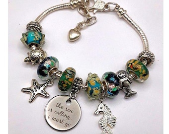 Charm Bracelet Green Aqua Glass Bead European Pandora Style Bracelet Beach Mermaid Dangle Charms #CBR2141
