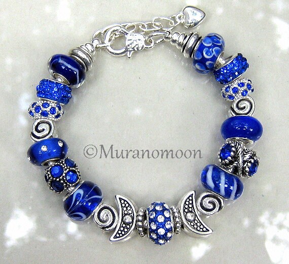 Charm Bracelet For Women Royal Blue Glass Bead European Pandora Style  Bracelet Crystal Bling Adjustable Silver Snake Chain Bracelet EB1374