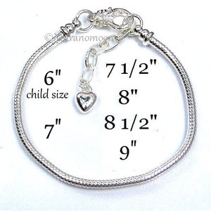 Silver European Bracelet Fit Large Hole Charms Beads Size 6" 7" 7 1/2" 8" 8 1/2" 9" Adjustable Silver Snake Chain Charm Bracelet Add A Charm