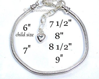 Pulsera estilo Pandora europea compatible con dijes de agujeros grandes de 6", 7", 7 1/2", 8", 8 1/2" y 9" con cadena de serpiente ajustable. Añadir un dije.